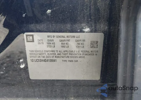 2016 Chevrolet Sonic Lt Auto из США, поврежденный, VIN 1G1JC5SH4G4108841